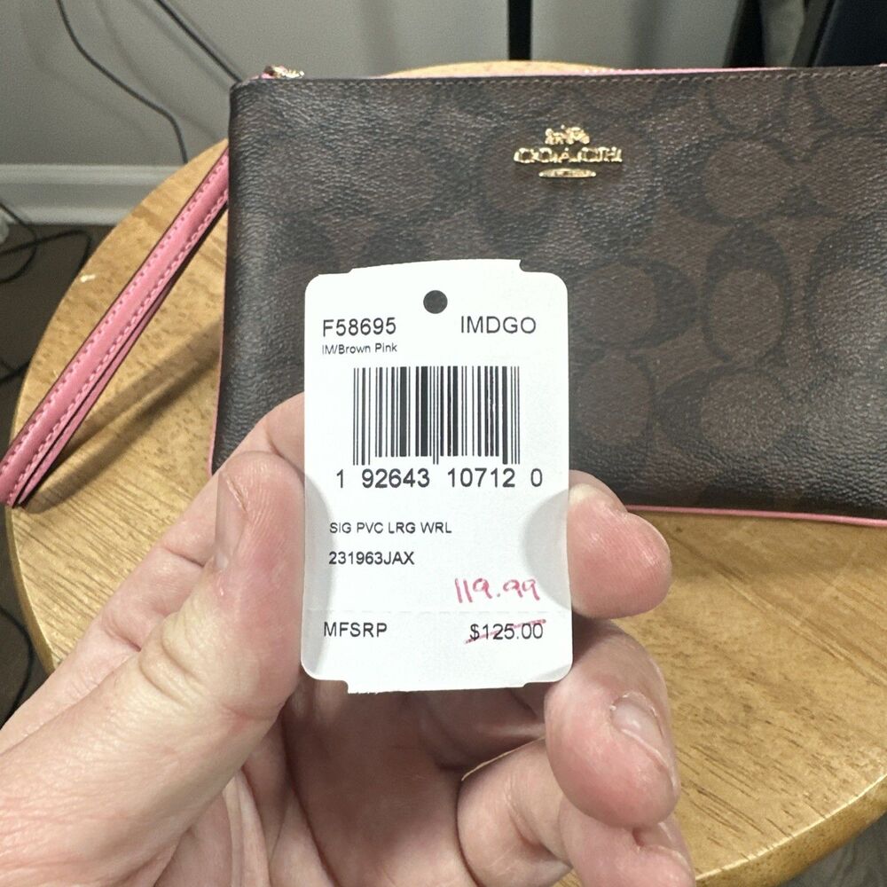 Coach Signature Canvas Khaki Brown Pink Large Corner Zip Wristlet F58695 - Picture 3 of 7